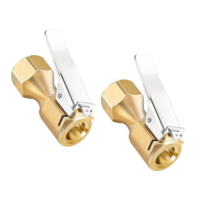 Picture of Heavy Duty Brass Air Chuck, Open Flow Straight Tire Chuck with Lock-on Clip, 1/4" FNPT Tyre Chuck for Tire Inflator Pressure Gauge Air Pump Compressor Accessories (Brass, 2 Pack)