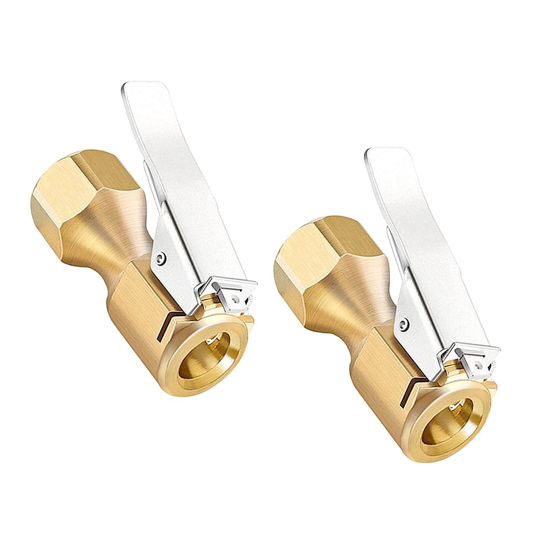 Picture of Heavy Duty Brass Air Chuck, Open Flow Straight Tire Chuck with Lock-on Clip, 1/4" FNPT Tyre Chuck for Tire Inflator Pressure Gauge Air Pump Compressor Accessories (Brass, 2 Pack)