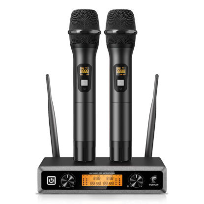 Picture of TONOR Wireless Microphone System, Professional Metal Cordless Karaoke Microphones, Handheld Dynamic Mic Set with Receiver for Party, Meeting, KTV, Church, DJ, Wedding, Singing, 200ft, TW820 Black