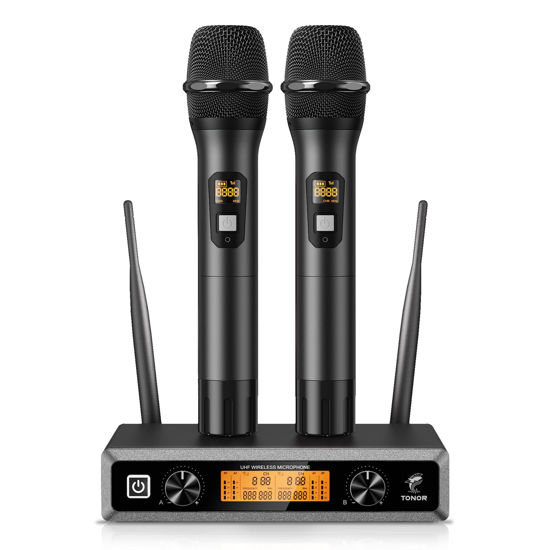 Picture of TONOR Wireless Microphone System, Professional Metal Cordless Karaoke Microphones, Handheld Dynamic Mic Set with Receiver for Party, Meeting, KTV, Church, DJ, Wedding, Singing, 200ft, TW820 Black