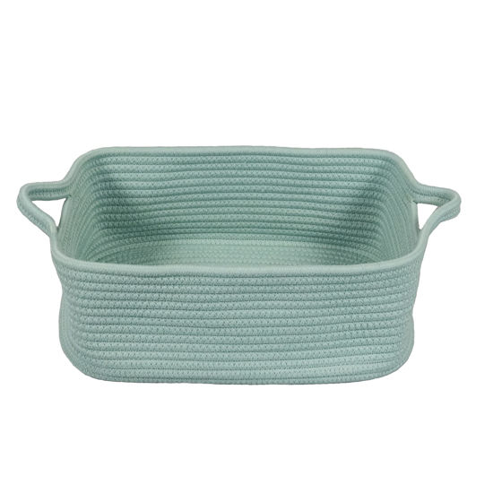 Picture of XUANGUO Woven Cotton Rope Storage Basket with Handles for Organizing Shelves Closet Small Cat Dog Pet Toy Basket Box Bin Decorative Rectangle Baby Nursery basket Gift basket Empty (light green)