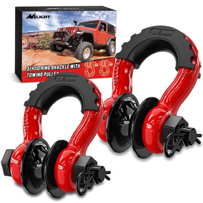 Picture of Nilight 3/4" D Ring Shackle with Towing Pulley 2 Pack 4.75 Ton (9500 Lbs) 7/8" Pin Heavy Duty Off Road Recovery Shackle with Isolators Washer Kit for Jeep Truck Tractor Vehicle ATV UTV, Red