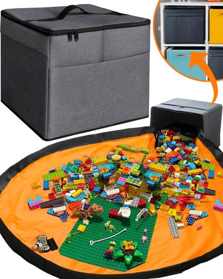 Picture of XL Toy Storage Organizer with Play Mat - Storage Bag/Box for Kids, Boys, Girls, Nursery, Playroom - Basket for Building Bricks/Blocks - Collapsible Fabric Cube Bin, 13"x13"x15"