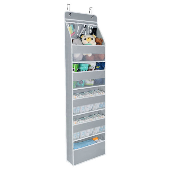 Picture of Univivi Over Door Hanging Organizer Storage with 5 Large Pockets and 3 Small PVC Pockets for Cosmetics Wall Hanging Storage Organizer for Pantry Baby Nursery Bathroom Closet Dorm(Grey)