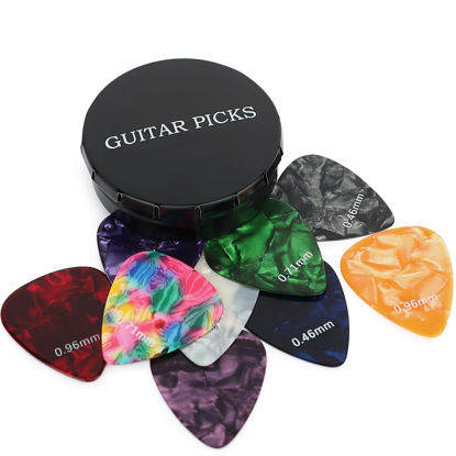 Picture of Celluloid Guitar Picks 15 Pack with Metal Box includes Thin, Medium, Heavy & Extra Heavy Picks, for Acoustic Guitar Electric Guitar Ukulele (Black)