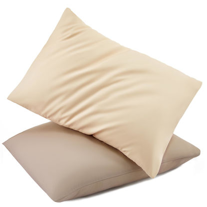 Picture of TILLYOU Toddler Pillowcase 2 Pack with Envelope Closure,13" x 18" Silky Soft Microfiber Travel Kids Pillowcase for Boys and Girls, Khaki & Brown