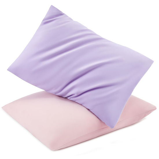 Picture of TILLYOU Toddler Pillowcase 2 Pack with Envelope Closure,13" x 18" Silky Soft Microfiber Travel Kids Pillowcase for Boys and Girls,Light Purple & Light Pink
