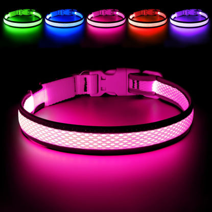 Picture of Flashseen LED Dog Collar, USB Rechargeable Light Up Dog Collar Lights, Adjustable Comfortable Soft Mesh Safety Dog Collar for Small, Medium, Large Dogs(Medium, Candy Pink)