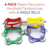 Picture of Cheerock 4-Pack Plastic Percussion Handheld Tambourines with 4 Jingle Bells, Mini Hand Bell Percussion, Musical Rhythm Instruments in 4 Colors for Kids, Adults, School and Party
