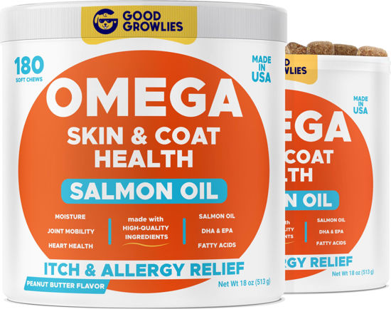 Picture of GOODGROWLIES Omega 3 Fish Oil for Dogs (360Ct) - Skin&Coat Chews - Dry & Itchy Skin Relief + Allergy Support - Shiny Coat - EPA&DHA Fatty Acids - Salmon Oil Chews Promotes Heart, Hip & Joint Support
