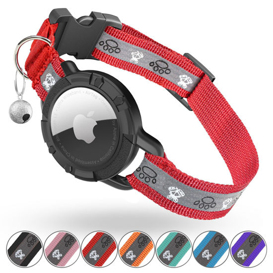 Picture of Reflective AirTag Cat Collar, Integrated Cat Tracker Collar with Air Tag Holder and Bell, Safety Elastic Band Cat GPS Collars for Girl Boy Cats, Kittens and Puppies (Red, S)