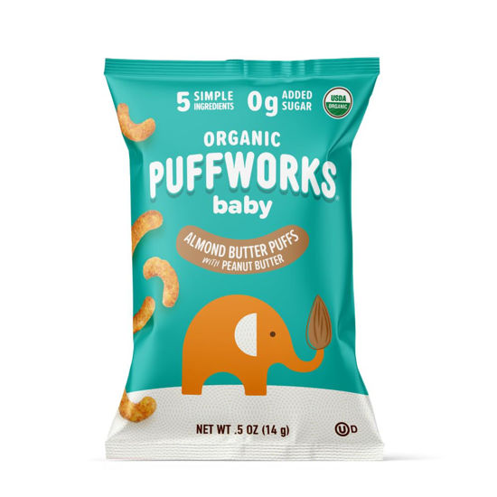Picture of Puffworks Baby Organic Almond Butter Puffs, with Peanut Butter, Plant-Based Protein, USDA Organic, Gluten-Free, Vegan, Non-GMO, Kosher, 0.5 Ounce (Pack of 12)