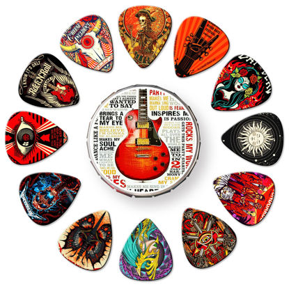 Picture of Guitar Picks 24 Pack Thin, Medium, Heavy & Extra Heavy Picks with Tin Box,Variety Pack Artistic Celluloid Guitar Pick for Bass Electric Guitar Acoustic Guitar Lovers Gift (Mix-2)