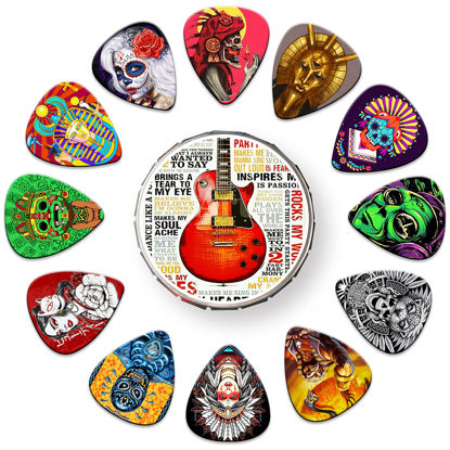 Picture of Guitar Picks 24 Pack Thin, Medium, Heavy & Extra Heavy Picks with Tin Box,Variety Pack Artistic Celluloid Guitar Pick for Bass Electric Guitar Acoustic Guitar Lovers Gift (Mix-4)