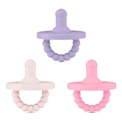 Picture of Ryan & Rose Cutie PAT All-in-One Pacifier and Teether Massaging Teething Ring and Hideaway Binky for Growing Babies (Bliss (3 Pack), Stage 1)