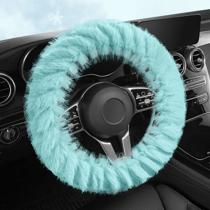Picture of HighnessHwoo Fuzzy Winter Steering Wheel Covers for Women, Warm Cute Fluffy Car Wheel Cover for F150, Trucks, Jeep, Van, Soft Furry Auto Plush Large Car Handle Cover for Cold Weather, 15-16in, Green