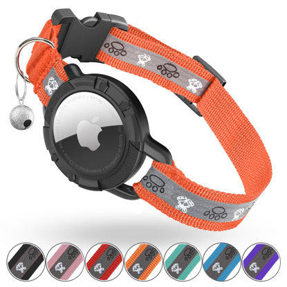 Picture of Reflective AirTag Cat Collar, Integrated Cat Tracker Collar with Air Tag Holder and Bell, Safety Elastic Band Cat GPS Collars for Girl Boy Cats, Kittens and Puppies (Orange, S)