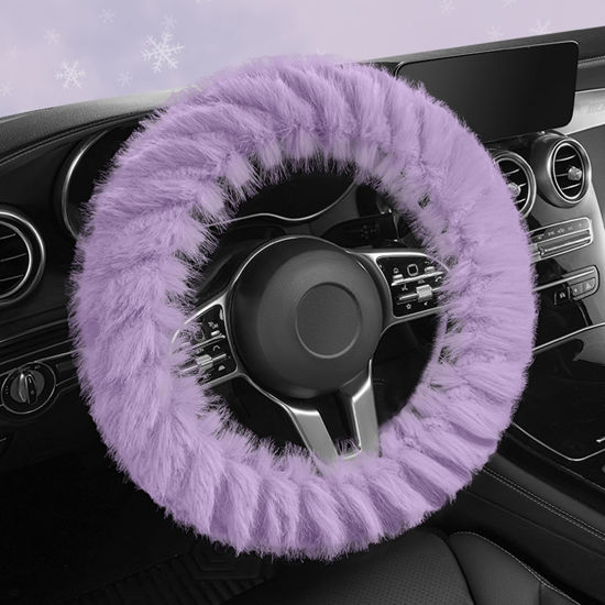 Picture of HighnessHwoo Fuzzy Winter Steering Wheel Covers for Women, Warm Cute Fluffy Car Wheel Cover for F150, Trucks, Jeep, Van, Soft Furry Auto Plush Large Car Handle Cover for Cold Weather, 15-16in, Purple