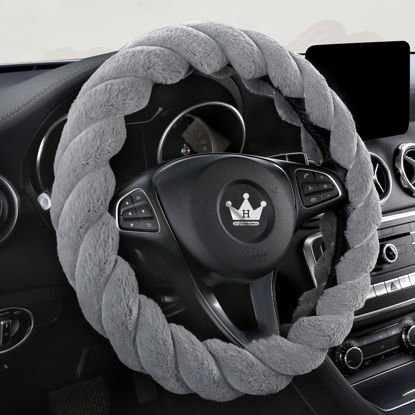Picture of HighnessHwoo Luxury Fluffy Winter Car Steering Wheel Cover for Women Soft Warm Cute Auto Accessories for Jeep, Truck, Van, F150, Universal, Fuzzy, Anti Slip, Gray, 15in, Large Size 15.5-16"(39-41cm)