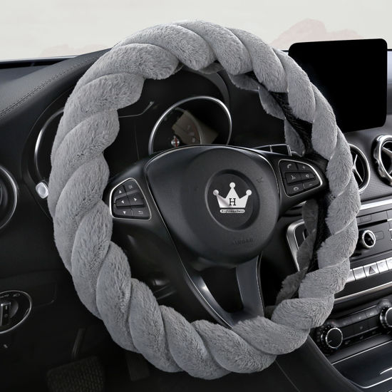 Picture of HighnessHwoo Luxury Fluffy Winter Car Steering Wheel Cover for Women Soft Warm Cute Auto Accessories for Jeep, Truck, Van, F150, Universal, Fuzzy, Anti Slip, Gray, 15in, Large Size 15.5-16"(39-41cm)