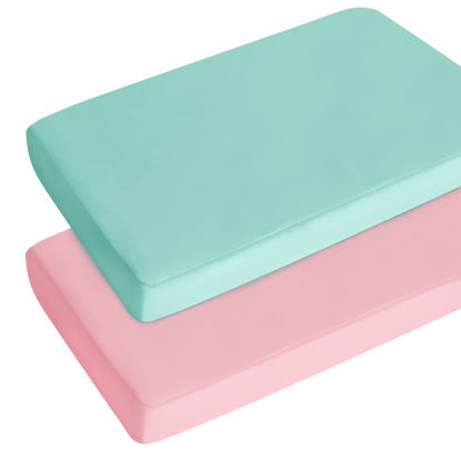 Picture of Mini Crib Sheets Girl Fitted Pack and Play Sheets for Baby Girls Boys 2 Pack (27"x 39"x 5"), Portable Playard/Playpen Sheets, Ultra Soft Microfiber Pack and Play Sheets, Blue and Pink