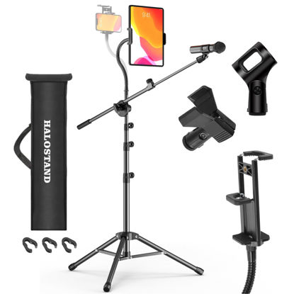 Picture of Microphone Stand with IPAD Clip, Floor Foldable Mic Stand with Phone Clip,Heavy Duty Tripod Boom Arm with 2 Mic Clips and Carrying Bag for Singing Karaoke Stage
