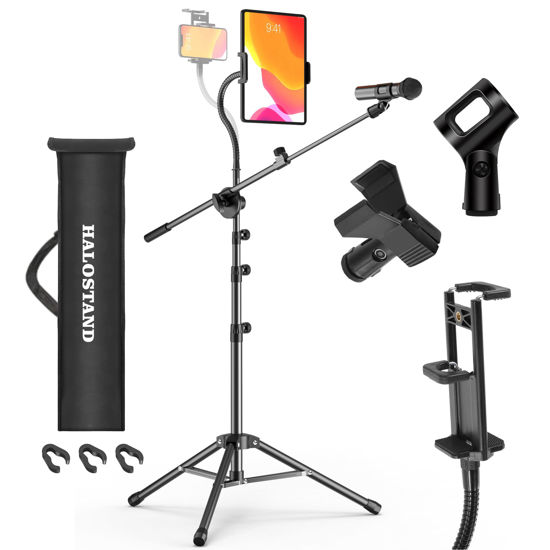 Picture of Microphone Stand with IPAD Clip, Floor Foldable Mic Stand with Phone Clip,Heavy Duty Tripod Boom Arm with 2 Mic Clips and Carrying Bag for Singing Karaoke Stage