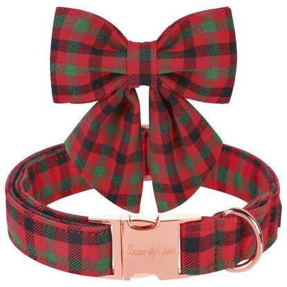 Picture of Unique style paws Christmas Dog Collar with Bow Tie Black Red Green Plaid Puppy Collar for Small Medium Large Dogs as Autumn Winter Pet Gifts-S