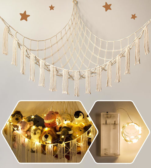 Picture of Stuffed Animal Storage Hammock Corner X-Large with LED Light - Baby Hammock Hanging Holder Plushies Net for Stuff Animals Organizer - Cute Room Decor Aesthetic Kids Toddler Nursery Bedroom Boho