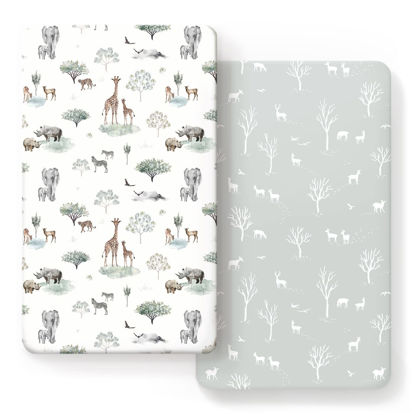 Picture of GRSSDER Stretch Ultra Soft Jersey Knit Fitted Crib Sheets Set 2 Pack，Fit All Standard Crib Mattress Pads Safe and Snug, Crib Fitted Sheet for Boys and Girls, Pretty African Savannah Animals Pattern