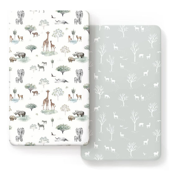 Picture of GRSSDER Stretch Ultra Soft Jersey Knit Fitted Crib Sheets Set 2 Pack，Fit All Standard Crib Mattress Pads Safe and Snug, Crib Fitted Sheet for Boys and Girls, Pretty African Savannah Animals Pattern