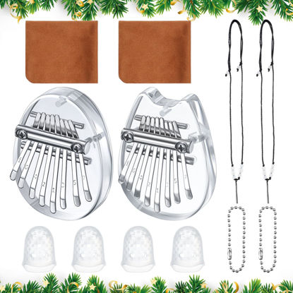 Picture of 10 Pieces 8 Keys Mini Kalimba Piano Set Include Mini Finger Thumb Piano with Lanyard Chain, Finger Protector and Cleaning Cloth for Kids and Adults Beginners (Oval, Cat Shaped, Acrylic)