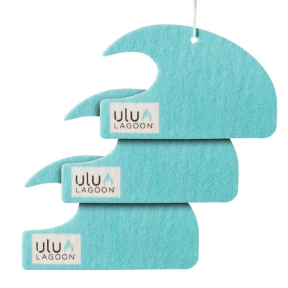 Picture of ulu Lagoon Hanging Car Air Freshener | Tropical Beach Coconut Surf Wax Scent Mini Wave | Long Lasting Car Freshener, Closet and Beyond | Made In USA | 3 Pack (Blue)