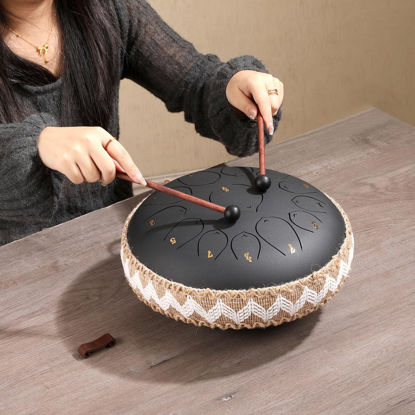 Picture of ZXZYHFTY Steel Tongue Drum, 12 Inch 13Note Steel Hand Drum with Bag, Music Book, Drumsticks, Mallet Holder and Finger Paddles, for Camping, Meditation or Yoga (Black-12Inch)