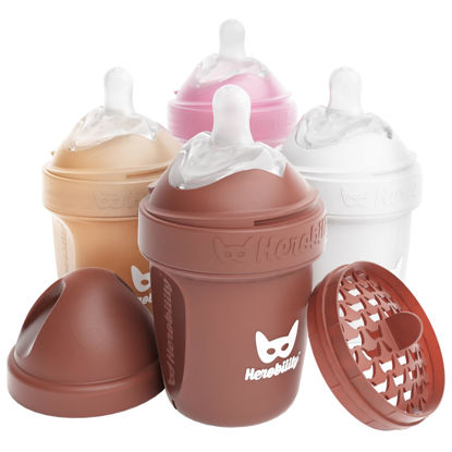 Picture of Herobility Double Anti-Colic Baby Bottles - 5 fl oz/140ml - 4-Pack - Multicolor - Sand, Woodchuck, Pink, White