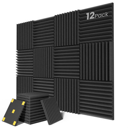 Picture of 12 pack Acoustic Panels, 1" X 12" X 12" Quick-Recovery Sound Proof Foam Panels, Acoustic Foam Wedges High Density, Soundproof Wall Panels for Home Studio,Carbon Black-06