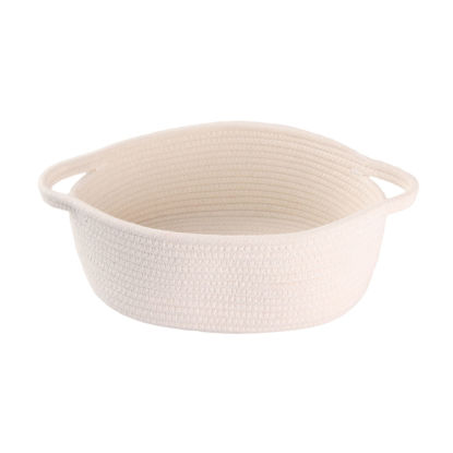 Picture of Small Woven Basket Cute Oval Cotton Rope Gifts Basket with Handle Empty Baby Wicker Storage Basket Nursery Box Bin Kids Organizer Cat Dog Toy Basket Easter Basket White