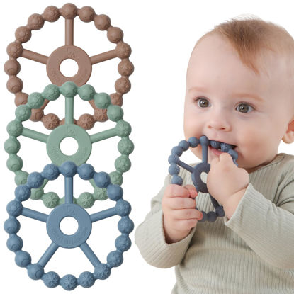 Picture of 3 Pack Ring Teether, Silicone Teething Ring Toys for Babies 0-6 Months, Seposeve Baby Teethers 6-12 Months 12-24 Months, Easy to Grasp Toy for Baby Teething Relief, Brown Green Blue
