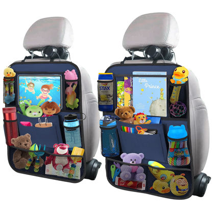 Picture of ULEEKA Car Backseat Organizer with 11" Table Holder, 10 Storage Pockets Seat Back Protectors Kick Mats for Kids Toddlers, Travel Accessories, 2 Pack, Blue
