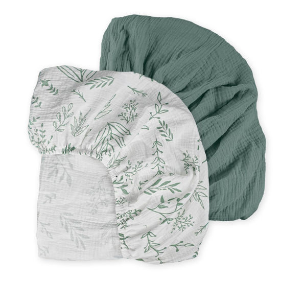 Picture of Muslin Mini Crib Sheets, 2 Pack for Baby Boy and Girl, Soft Breathable Stretchy Baby Pack N Play Mattress and Mini Cribs Sheet, Universal Fitted Portable/Mini Crib Mattresses (Natural Leaves)