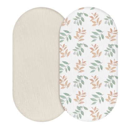 Picture of Muslin Bassinet Fitted Sheets, 2 Pack for Baby Boy and Girl, Soft Breathable Stretchy Baby Pad/Mattress Sheet Set, Universal Fit for Hourglass Oval and Rectangle Bassinet Mattress (Bright Leaves)