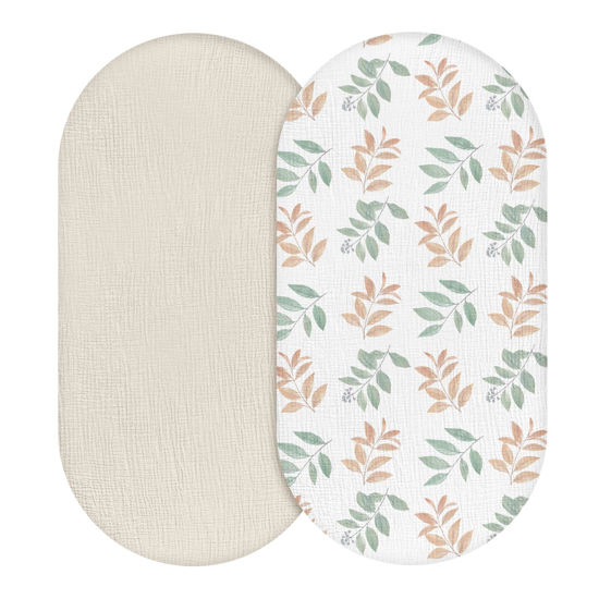 Picture of Muslin Bassinet Fitted Sheets, 2 Pack for Baby Boy and Girl, Soft Breathable Stretchy Baby Pad/Mattress Sheet Set, Universal Fit for Hourglass Oval and Rectangle Bassinet Mattress (Bright Leaves)