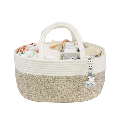 Picture of Large Baby Diaper Caddy Organizer for Girl Boy Rope Nursery Storage Bin Basket Portable Holder Tote Bag for Changing Table Car Travel Baby Shower Gifts Newborn Registry Must Haves White and Brown
