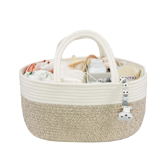 Picture of Large Baby Diaper Caddy Organizer for Girl Boy Rope Nursery Storage Bin Basket Portable Holder Tote Bag for Changing Table Car Travel Baby Shower Gifts Newborn Registry Must Haves White and Brown