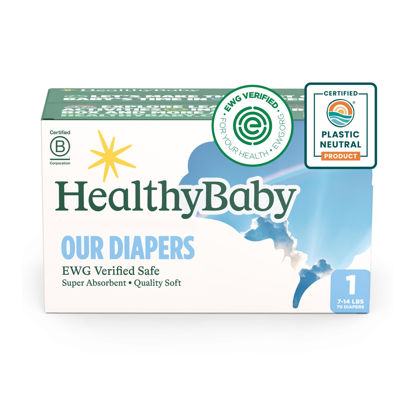 Picture of HealthyBaby Our Diapers | EWG Verified Safe & Plant-Based Diapers | Absorbent for Leak Protection | Soft Organic Cotton Shell | Chlorine-Free Diaper for Sensitive Skin | Size 1 (70 Diapers)