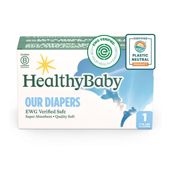 Picture of HealthyBaby Our Diapers | EWG Verified Safe & Plant-Based Diapers | Absorbent for Leak Protection | Soft Organic Cotton Shell | Chlorine-Free Diaper for Sensitive Skin | Size 1 (70 Diapers)