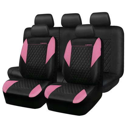 Picture of CAR PASS Pink Leather Seat Covers,Universal Quilting Pretty Cute Car Seat Cover with 5mm Composite Sponge Inside,Airbag Compatible,2zipper Bench for Most Sedan,SUV,Cars(Full Set,Pink)