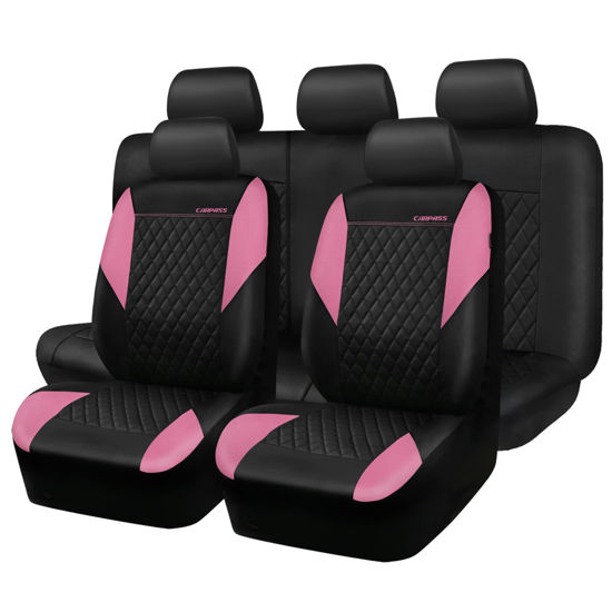 Picture of CAR PASS Pink Leather Seat Covers,Universal Quilting Pretty Cute Car Seat Cover with 5mm Composite Sponge Inside,Airbag Compatible,2zipper Bench for Most Sedan,SUV,Cars(Full Set,Pink)