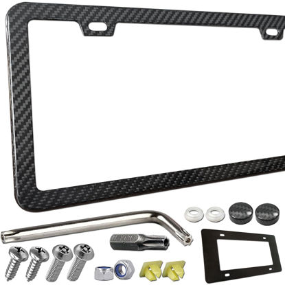 Picture of ZXFOOG Carbon Fiber License Plate Frame- 100% Handcrafted Real Carbon Fiber Cloth Wrapped Holder, Slim Black Stainless Steel Car Tag Cover with Screws Caps, Rattle Proof Pad, 1 Pack 2 Hole