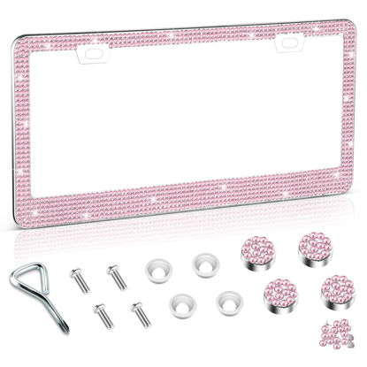 Picture of Amiss Bling License Plate Frame for Women, 1Pack Rhinestone Handcrafted Crystal Premium Stainless Steel, Stainless Steel Car Accessories with Diamond Sparkle Glitter Caps (Pink)
